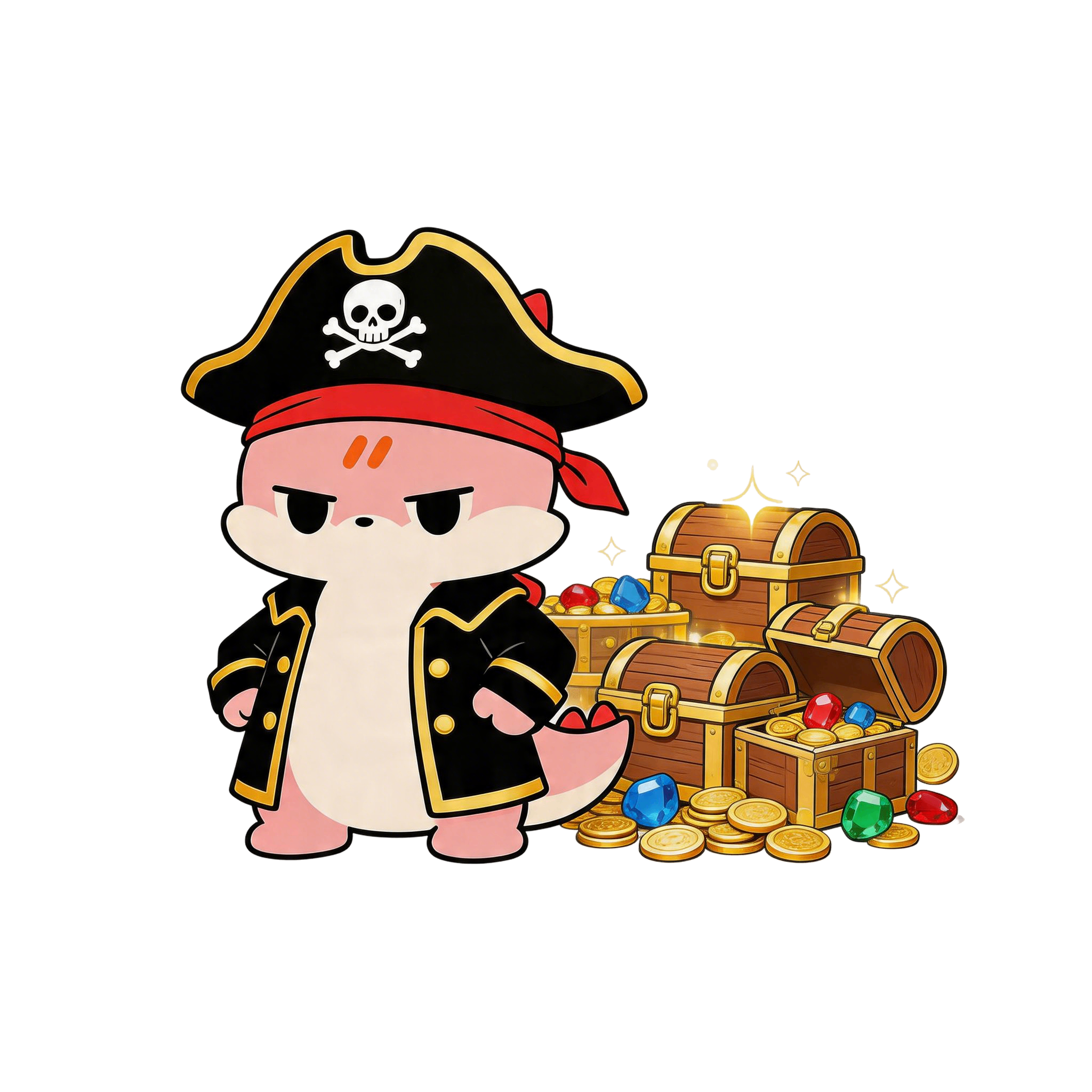 Pirate Luko beside a treasure chest of coins, gems, and trophies